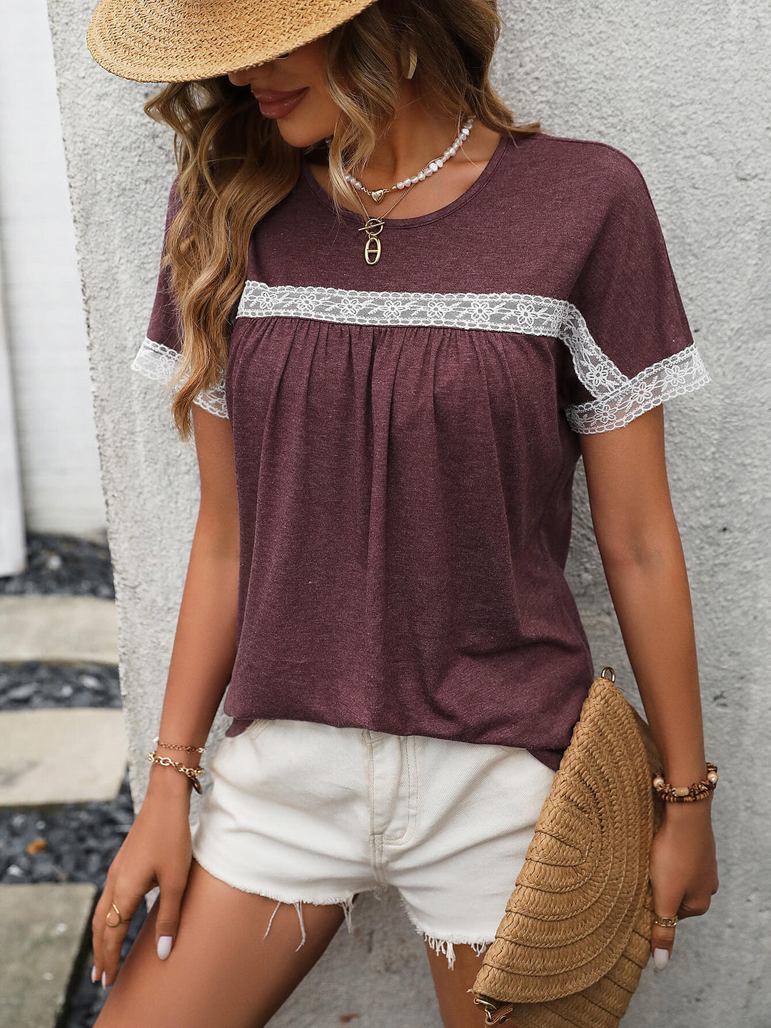 Contrast Round Neck Short Sleeve Tee-Trendsi-Wine-S-[option4]-[option5]-[option6]-[option7]-[option8]-Shop-Boutique-Clothing-for-Women-Online