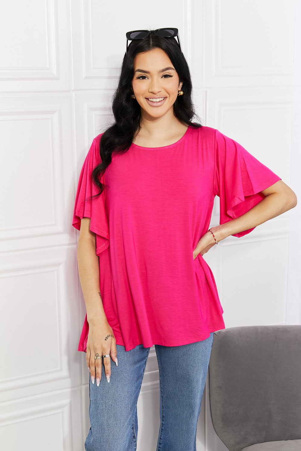 Yelete More Than Words Flutter Sleeve Top-Trendsi-Hot Pink-S-[option4]-[option5]-[option6]-[option7]-[option8]-Shop-Boutique-Clothing-for-Women-Online