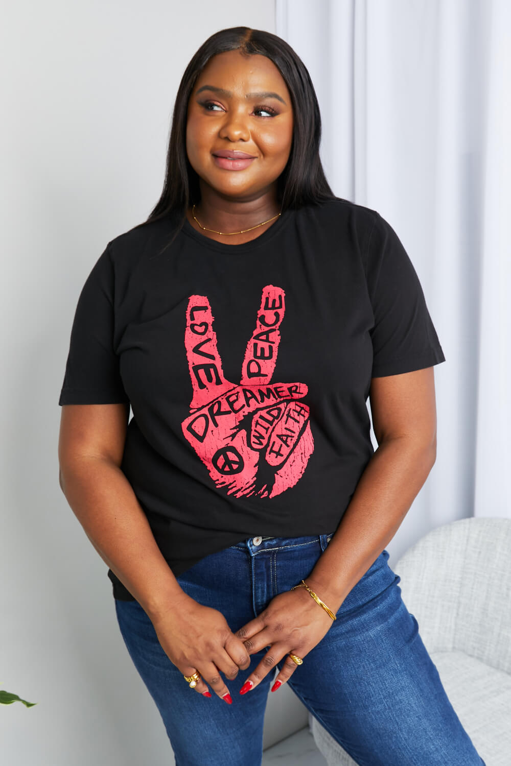 Love, Peace Graphic Tunic T-Shirt-Trendsi-Black-S-[option4]-[option5]-[option6]-[option7]-[option8]-Shop-Boutique-Clothing-for-Women-Online