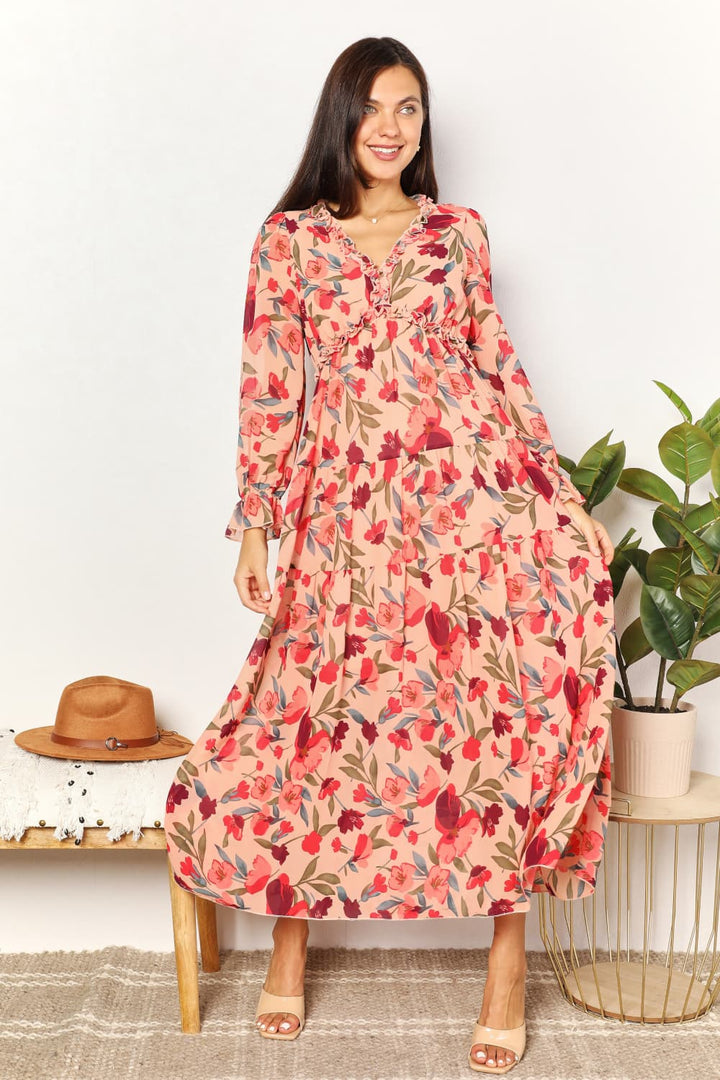 Double Take Floral Frill Trim Flounce Sleeve Plunge Maxi Dress-Trendsi-Floral-S-[option4]-[option5]-[option6]-[option7]-[option8]-Shop-Boutique-Clothing-for-Women-Online