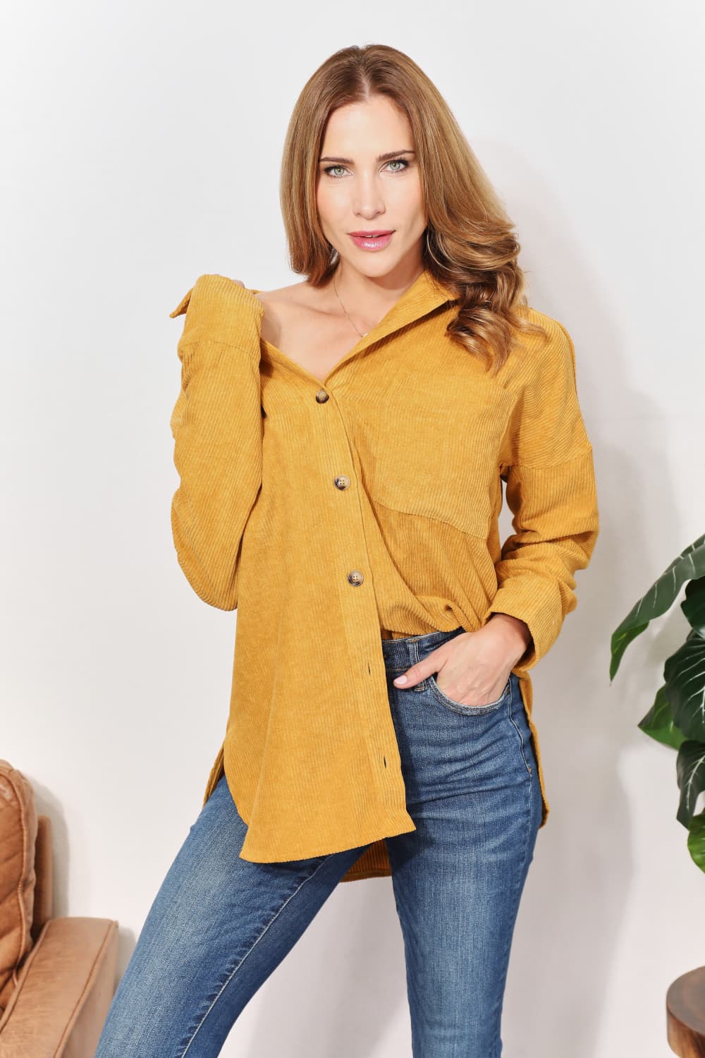 HEYSON Oversized Corduroy Button-Down Tunic Shirt with Bust Pocket-Trendsi-Mustard-S-[option4]-[option5]-[option6]-[option7]-[option8]-Shop-Boutique-Clothing-for-Women-Online
