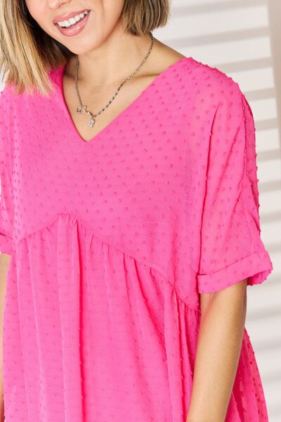 Zenana Swiss Dot Rolled Short Sleeve Babydoll Dress-Trendsi-[option4]-[option5]-[option6]-[option7]-[option8]-Shop-Boutique-Clothing-for-Women-Online