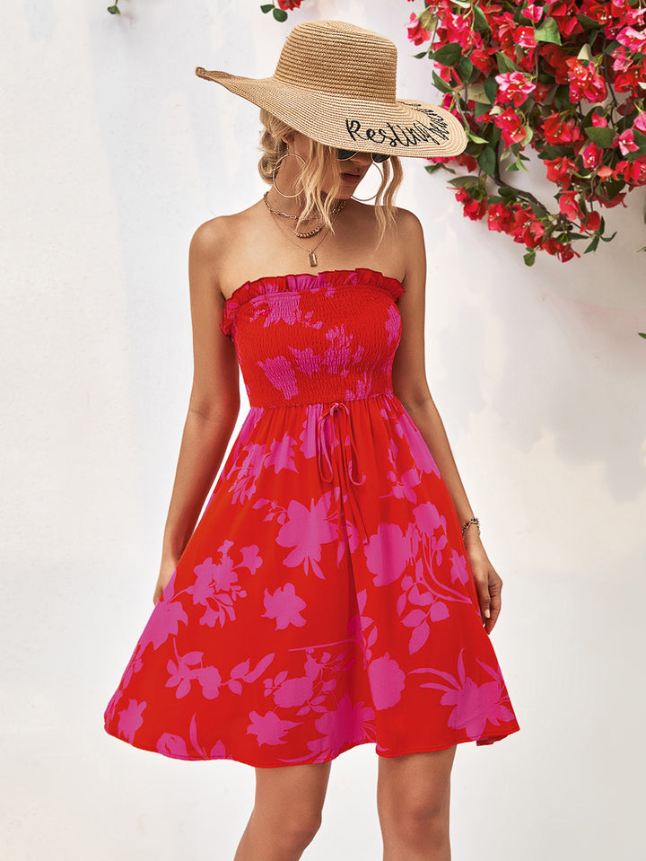 Floral Frill Trim Strapless Smocked Dress-Trendsi-Deep Red-S-[option4]-[option5]-[option6]-[option7]-[option8]-Shop-Boutique-Clothing-for-Women-Online