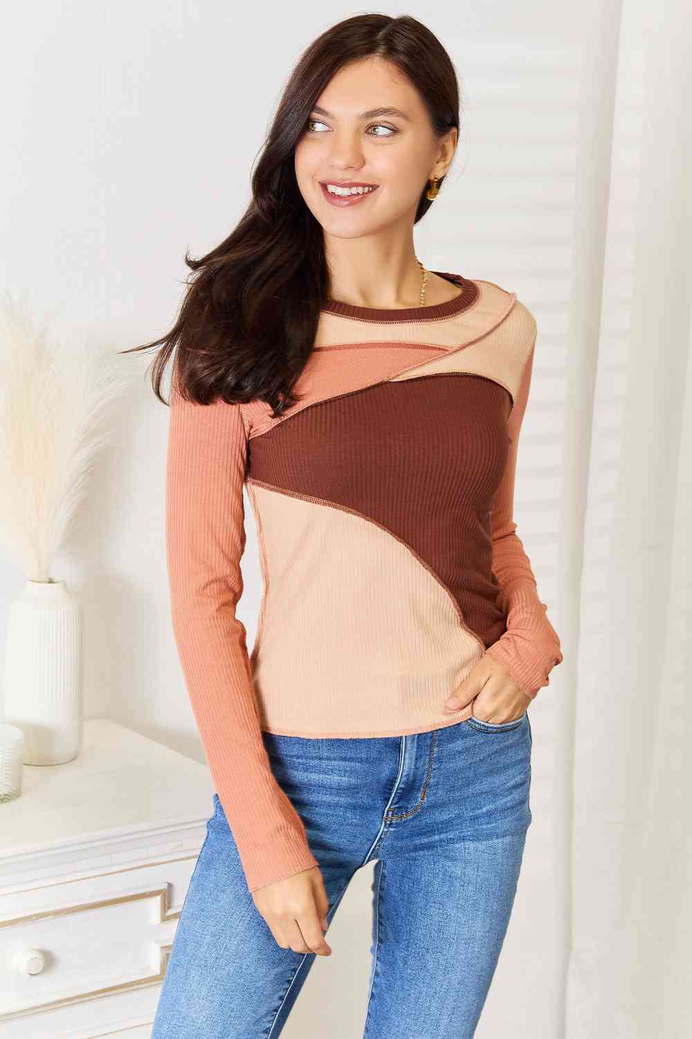 Double Take Color Block Exposed Seam Long Sleeve Top-Trendsi-Chestnut-S-[option4]-[option5]-[option6]-[option7]-[option8]-Shop-Boutique-Clothing-for-Women-Online