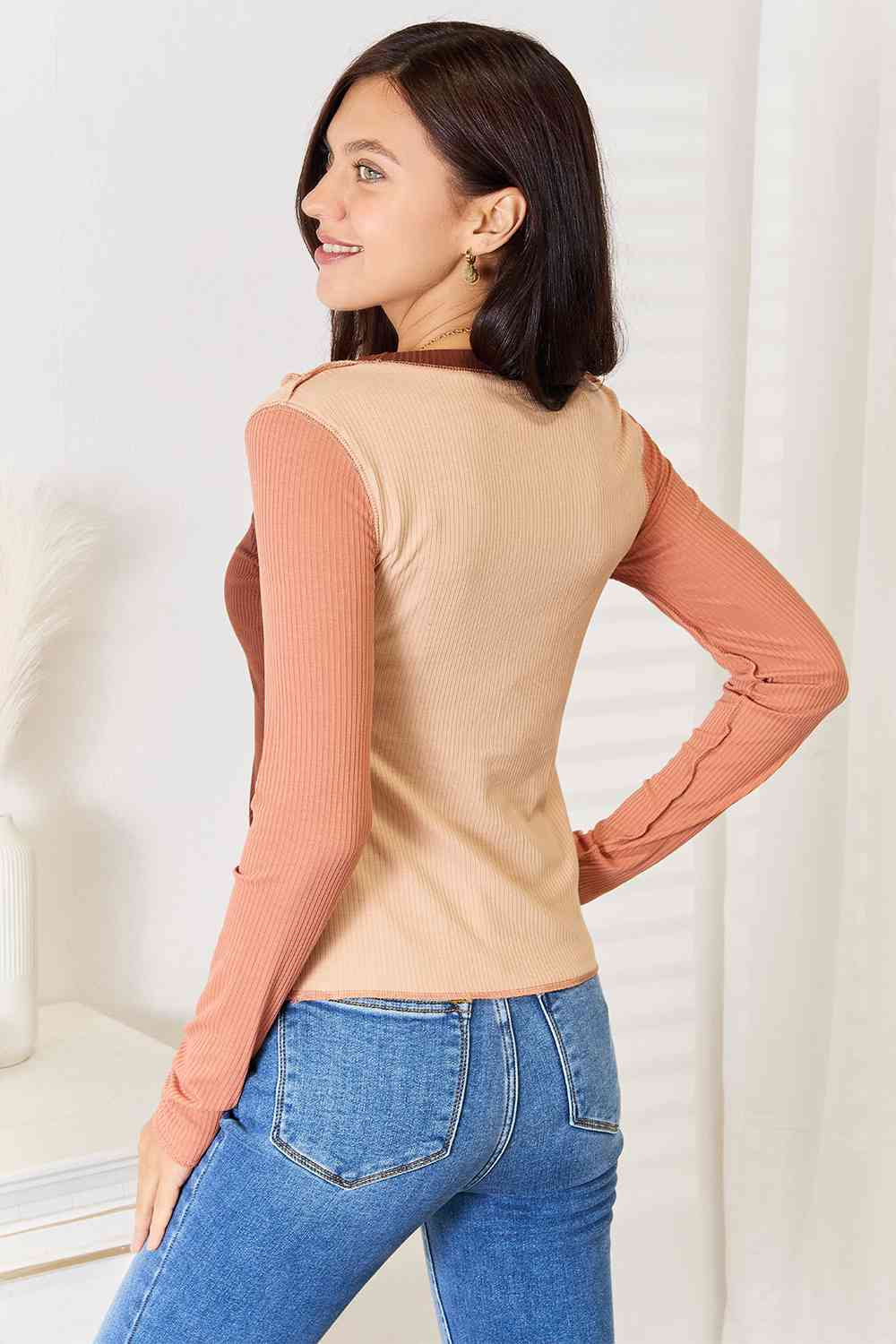 Double Take Color Block Exposed Seam Long Sleeve Top-Trendsi-[option4]-[option5]-[option6]-[option7]-[option8]-Shop-Boutique-Clothing-for-Women-Online