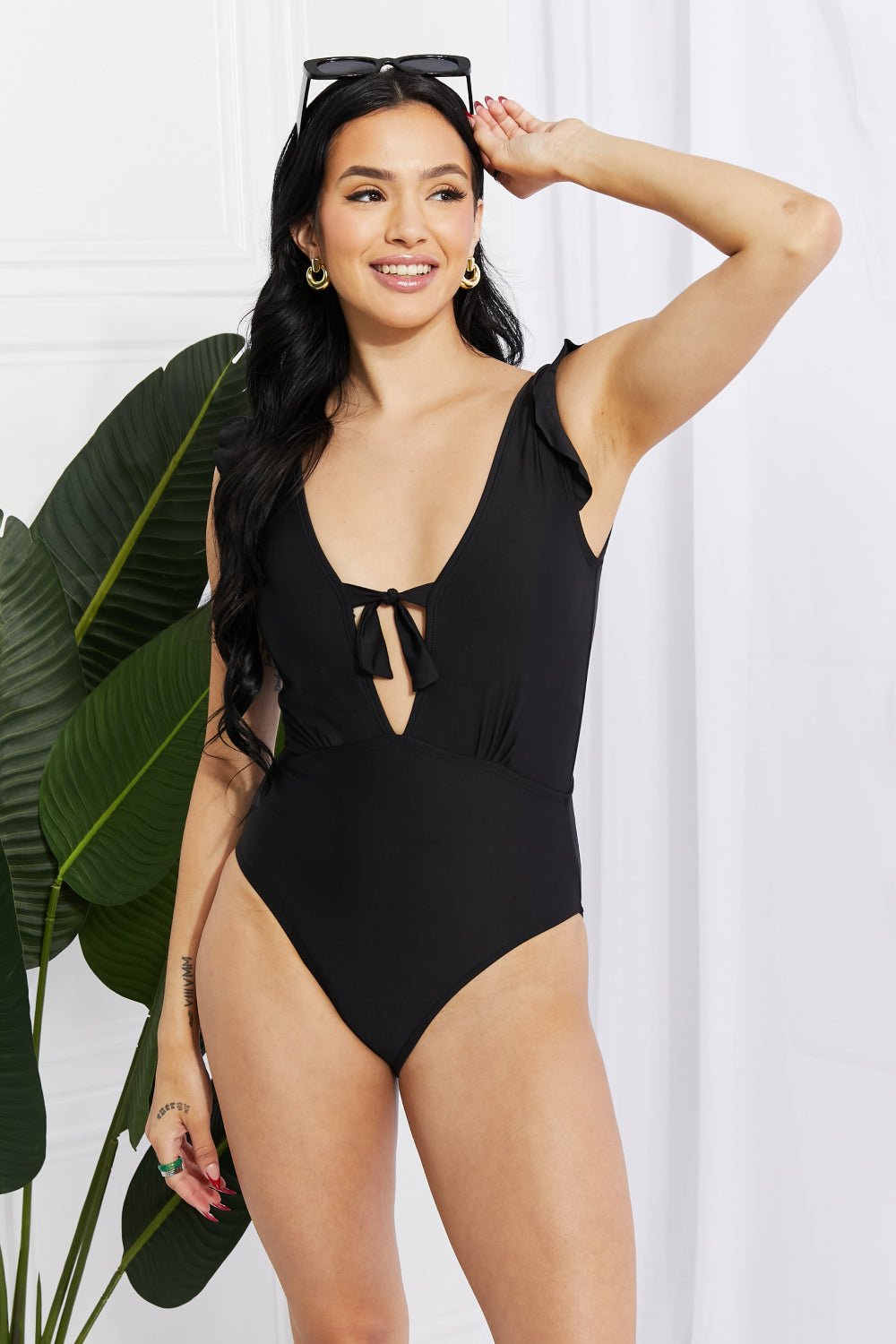 Marina West Swim Seashell Ruffle Sleeve One-Piece in Black-Trendsi-Black-S-[option4]-[option5]-[option6]-[option7]-[option8]-Shop-Boutique-Clothing-for-Women-Online
