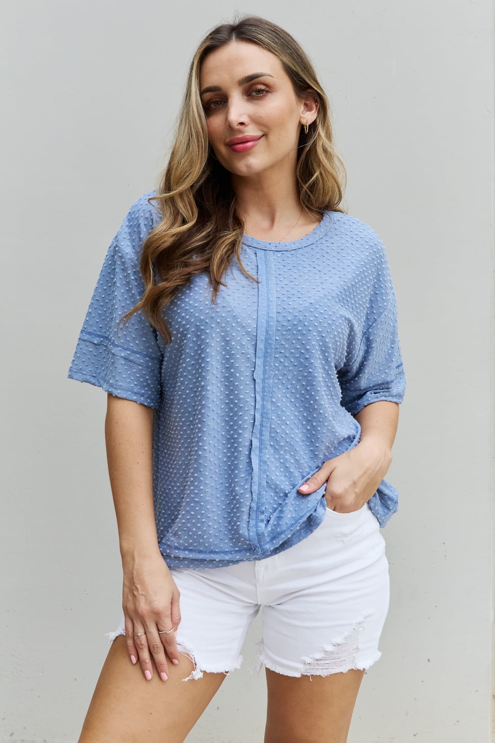 HOPELY Cater 2 You Swiss Dot Reverse Stitch Short Sleeve Top-Trendsi-Pastel Blue-S-[option4]-[option5]-[option6]-[option7]-[option8]-Shop-Boutique-Clothing-for-Women-Online