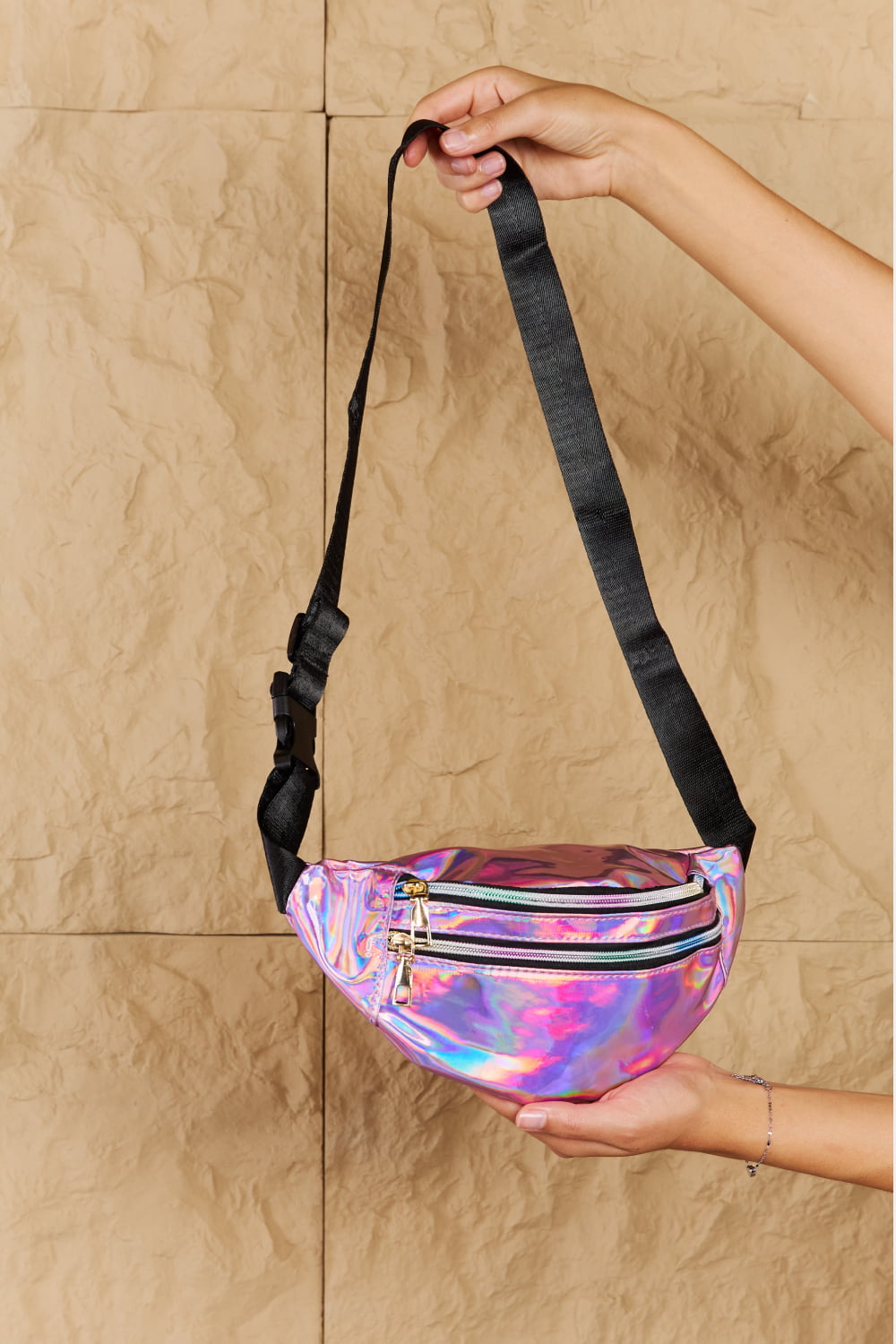 Fame Good Vibrations Holographic Double Zipper Fanny Pack in Hot Pink-Trendsi-Hot Pink-One Size-[option4]-[option5]-[option6]-[option7]-[option8]-Shop-Boutique-Clothing-for-Women-Online