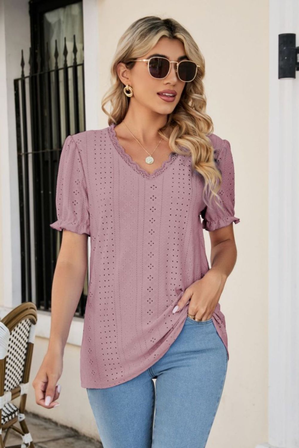 Eyelet Flounce Sleeve Scalloped V-Neck Top-Trendsi-[option4]-[option5]-[option6]-[option7]-[option8]-Shop-Boutique-Clothing-for-Women-Online