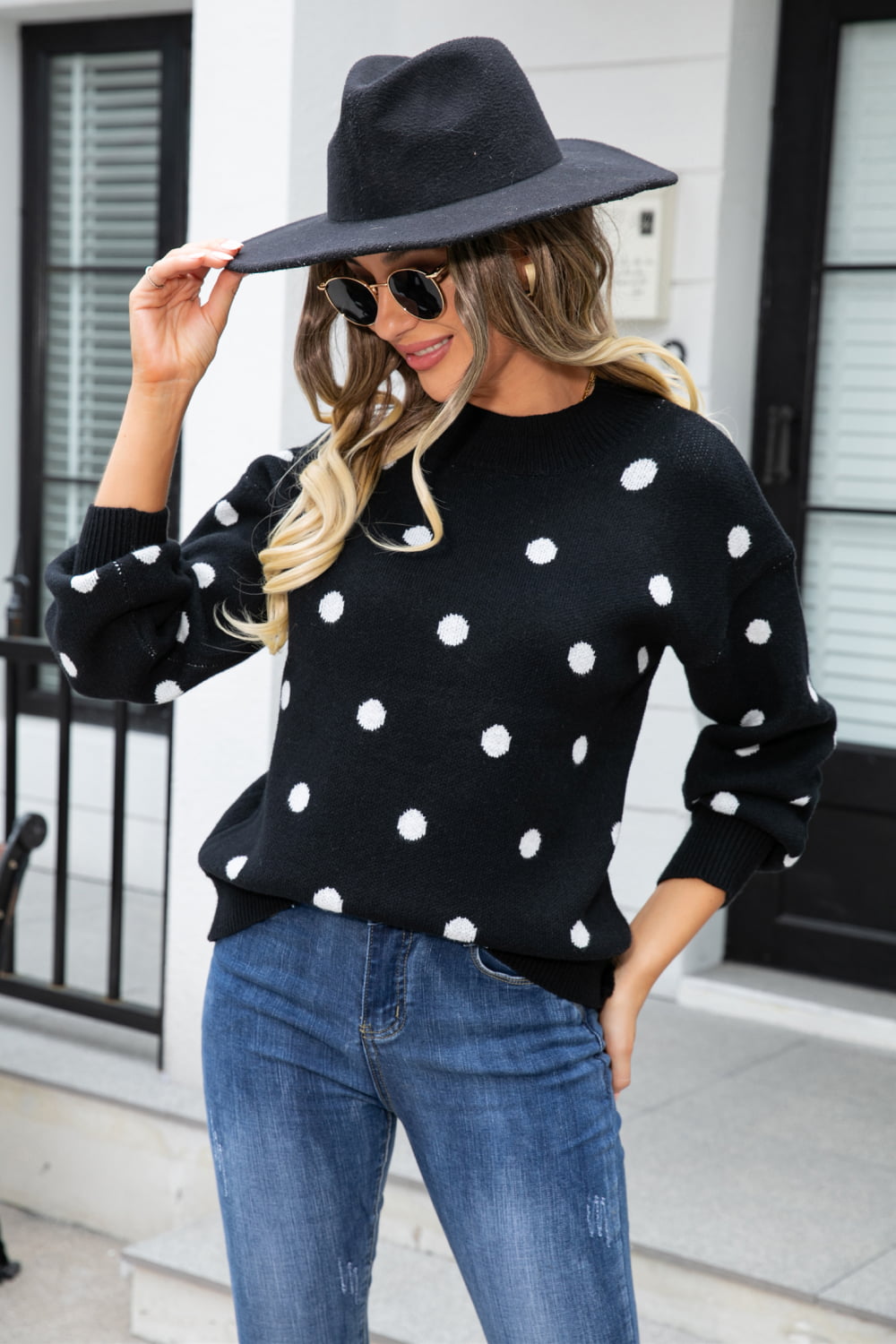 Woven Right Polka Dot Round Neck Dropped Shoulder Sweater-Trendsi-[option4]-[option5]-[option6]-[option7]-[option8]-Shop-Boutique-Clothing-for-Women-Online