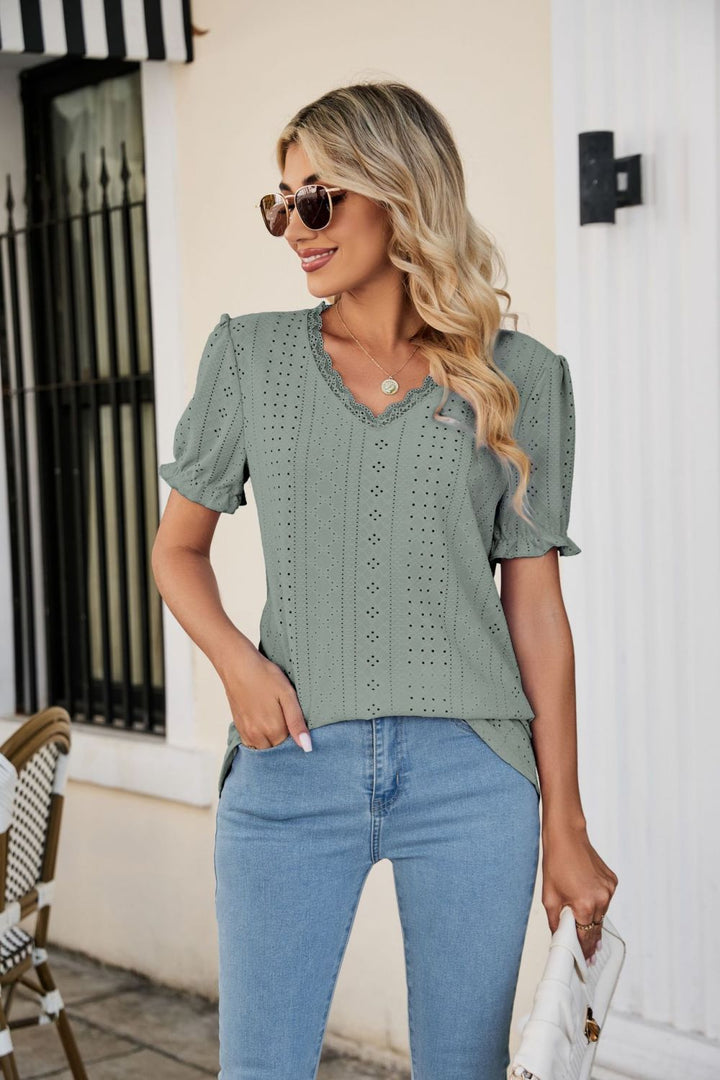 Eyelet Flounce Sleeve Scalloped V-Neck Top-Trendsi-Sage-S-[option4]-[option5]-[option6]-[option7]-[option8]-Shop-Boutique-Clothing-for-Women-Online