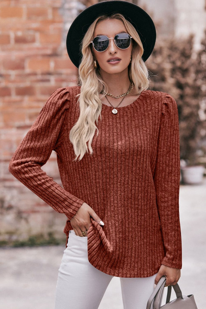 Double Take Round Neck Puff Sleeve Ribbed Top-Trendsi-Caramel-S-[option4]-[option5]-[option6]-[option7]-[option8]-Shop-Boutique-Clothing-for-Women-Online