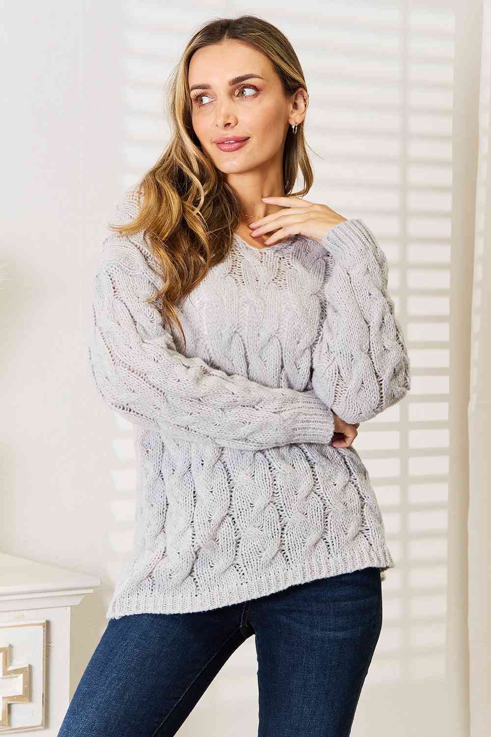 Woven Right Cable-Knit Hooded Sweater-Trendsi-Light Gray-S-[option4]-[option5]-[option6]-[option7]-[option8]-Shop-Boutique-Clothing-for-Women-Online