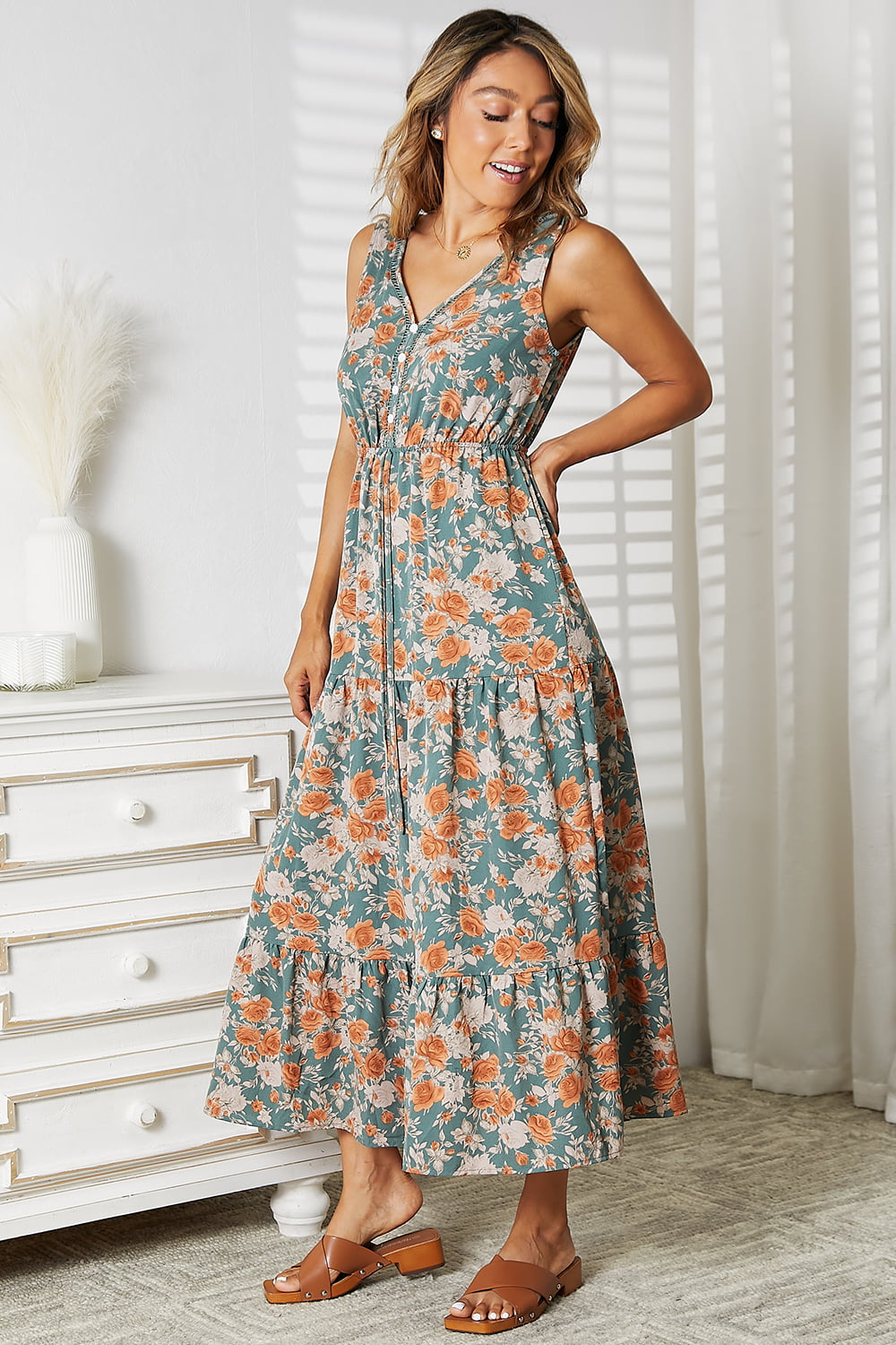 Double Take Floral V-Neck Tiered Sleeveless Dress-Trendsi-[option4]-[option5]-[option6]-[option7]-[option8]-Shop-Boutique-Clothing-for-Women-Online