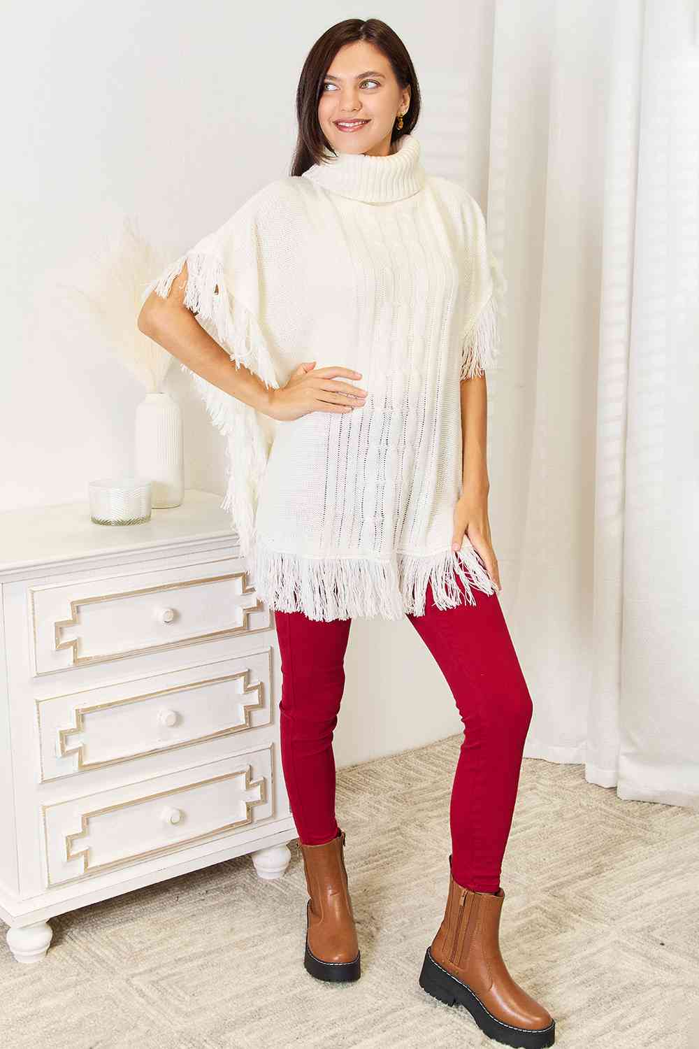 Justin Taylor Turtle Neck Fringe Poncho-Trendsi-Ivory-One Size-[option4]-[option5]-[option6]-[option7]-[option8]-Shop-Boutique-Clothing-for-Women-Online