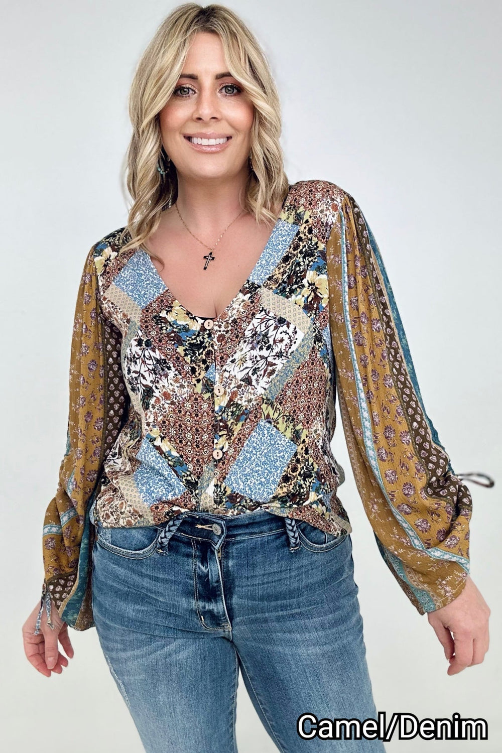 BiBi Floral Print Woven With Stripe Ruched Sleeves Top-Blouses-The Bee Chic Boutique-[option4]-[option5]-[option6]-[option7]-[option8]-Shop-Boutique-Clothing-for-Women-Online