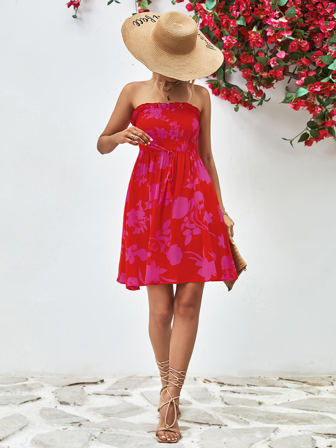 Floral Frill Trim Strapless Smocked Dress-Trendsi-[option4]-[option5]-[option6]-[option7]-[option8]-Shop-Boutique-Clothing-for-Women-Online