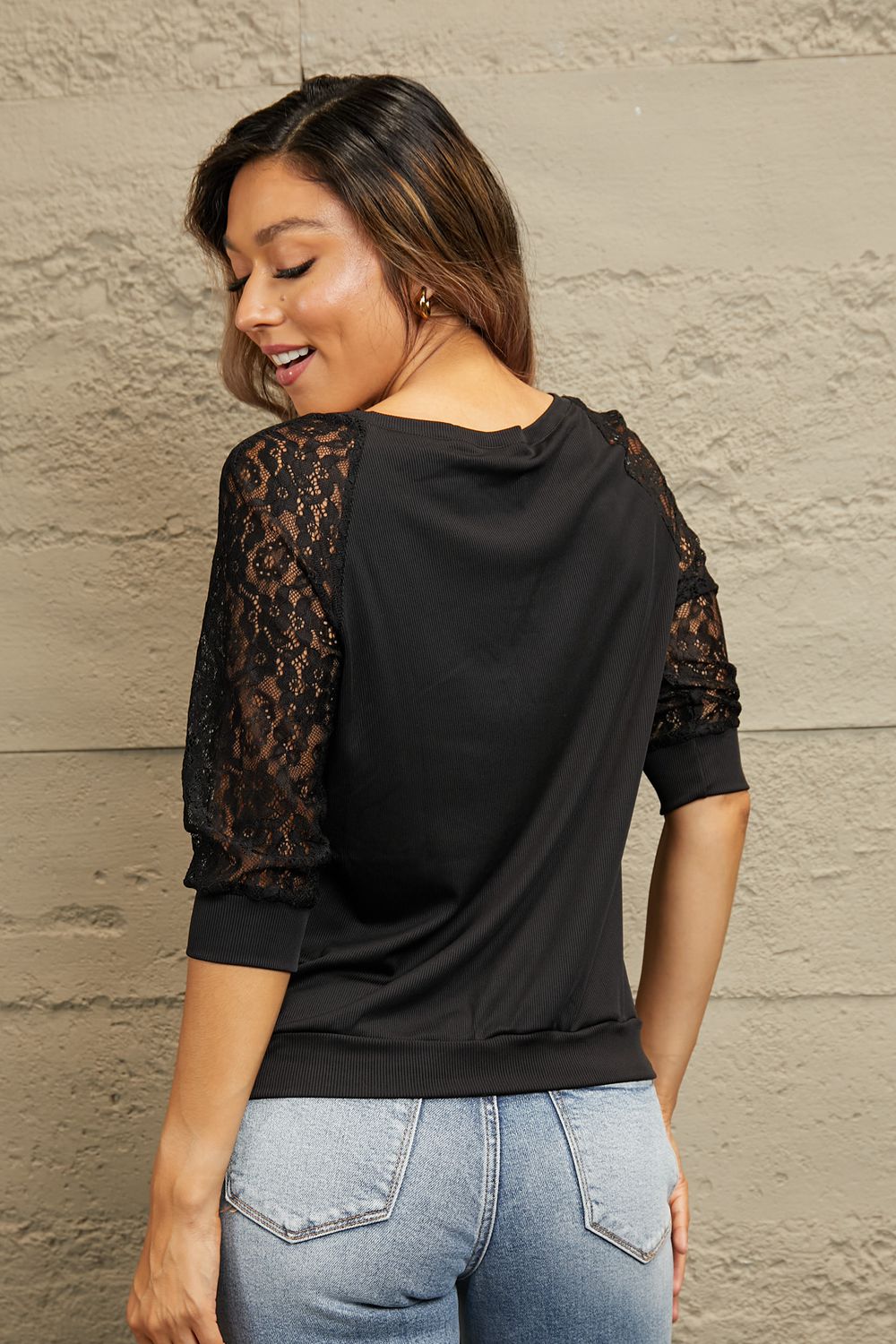 Double Take V-Neck Spliced Lace Raglan Sleeve Top-Trendsi-[option4]-[option5]-[option6]-[option7]-[option8]-Shop-Boutique-Clothing-for-Women-Online
