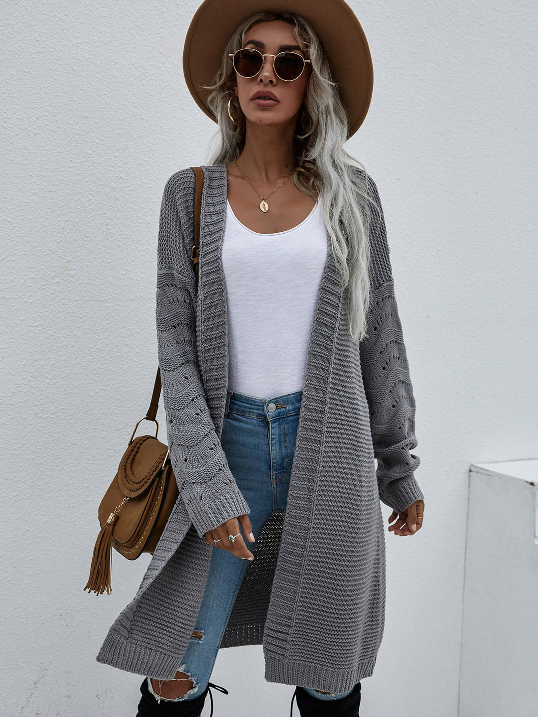 Double Take Horizontal Ribbing Open Front Duster Cardigan-Trendsi-Gray-S-[option4]-[option5]-[option6]-[option7]-[option8]-Shop-Boutique-Clothing-for-Women-Online
