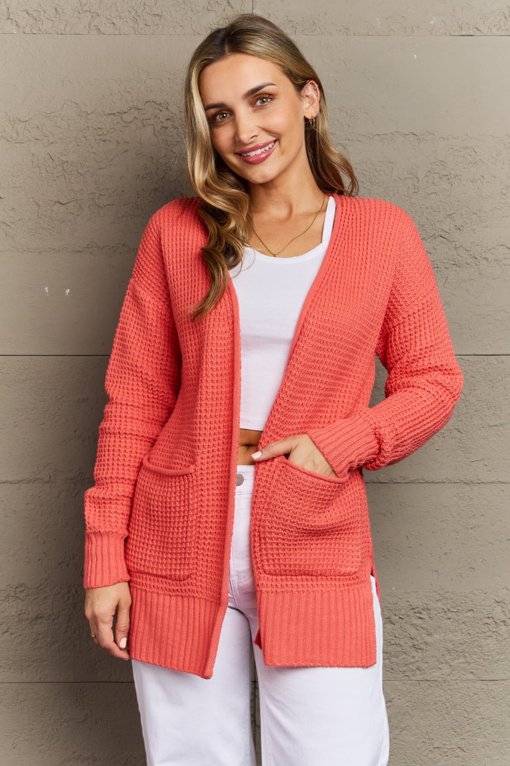 Zenana Bright & Cozy Waffle Knit Cardigan-Trendsi-Coral-S-[option4]-[option5]-[option6]-[option7]-[option8]-Shop-Boutique-Clothing-for-Women-Online