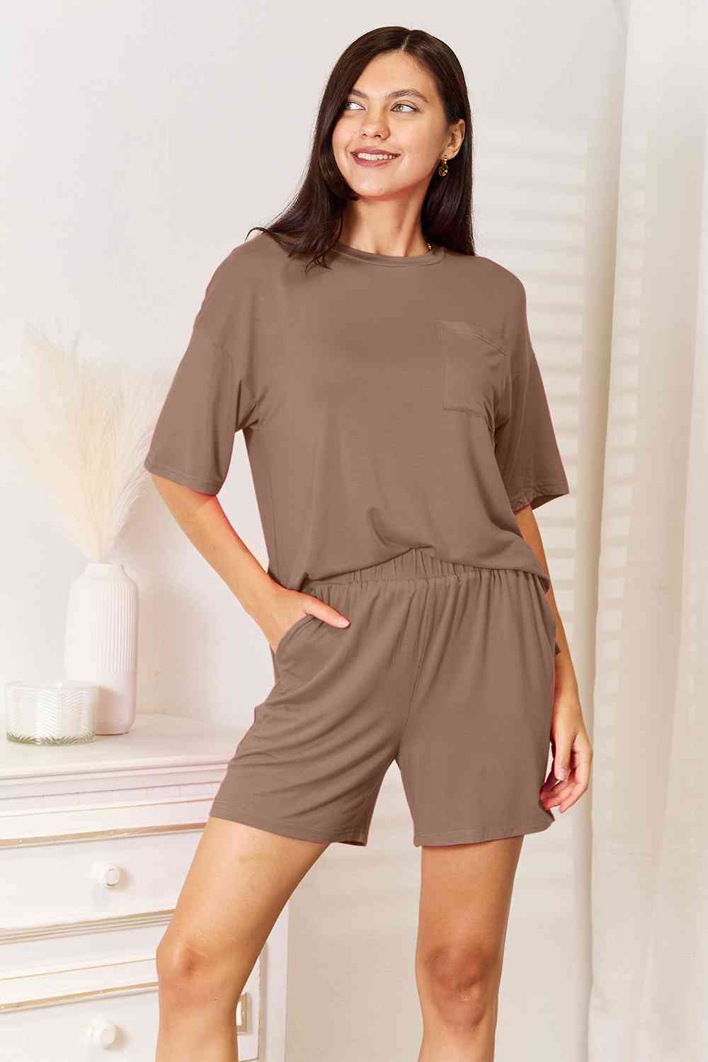 Basic Bae Soft Rayon Half Sleeve Top and Shorts Set-Trendsi-Taupe-S-[option4]-[option5]-[option6]-[option7]-[option8]-Shop-Boutique-Clothing-for-Women-Online