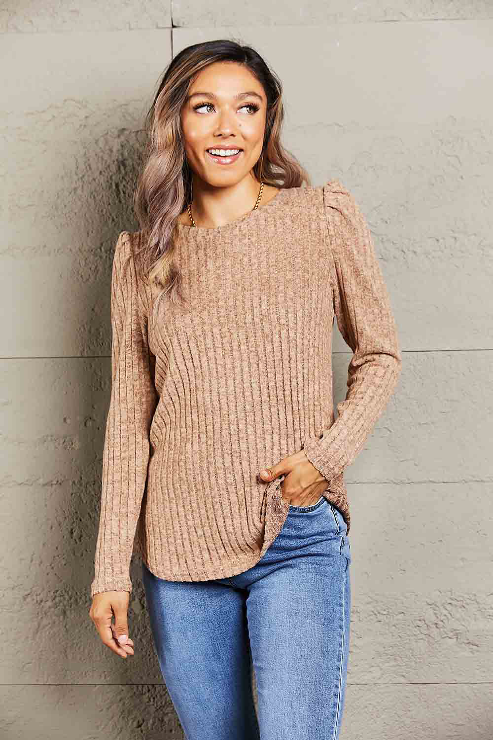 Double Take Round Neck Puff Sleeve Ribbed Top-Trendsi-Tan-S-[option4]-[option5]-[option6]-[option7]-[option8]-Shop-Boutique-Clothing-for-Women-Online
