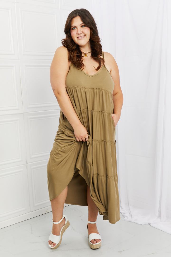 Zenana Spaghetti Strap Tiered Dress with Pockets in Khaki-Trendsi-[option4]-[option5]-[option6]-[option7]-[option8]-Shop-Boutique-Clothing-for-Women-Online