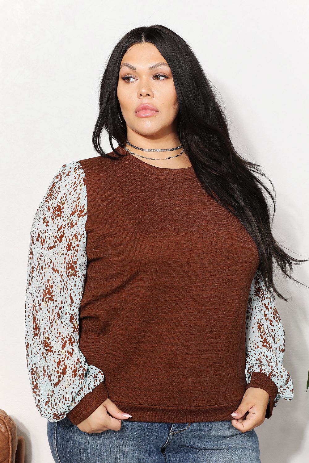 And The Why Full Size Foil Printed Sleeve Top-Trendsi-Chestnut-S-[option4]-[option5]-[option6]-[option7]-[option8]-Shop-Boutique-Clothing-for-Women-Online