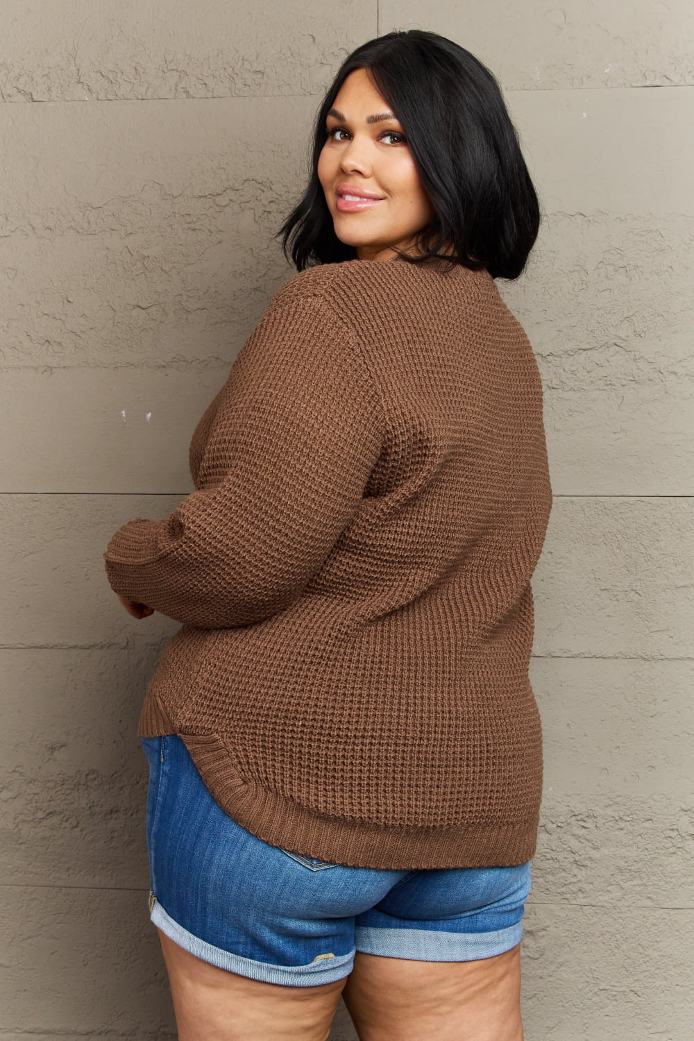 Zenana Breezy Days Plus Size High Low Waffle Knit Sweater-Trendsi-[option4]-[option5]-[option6]-[option7]-[option8]-Shop-Boutique-Clothing-for-Women-Online