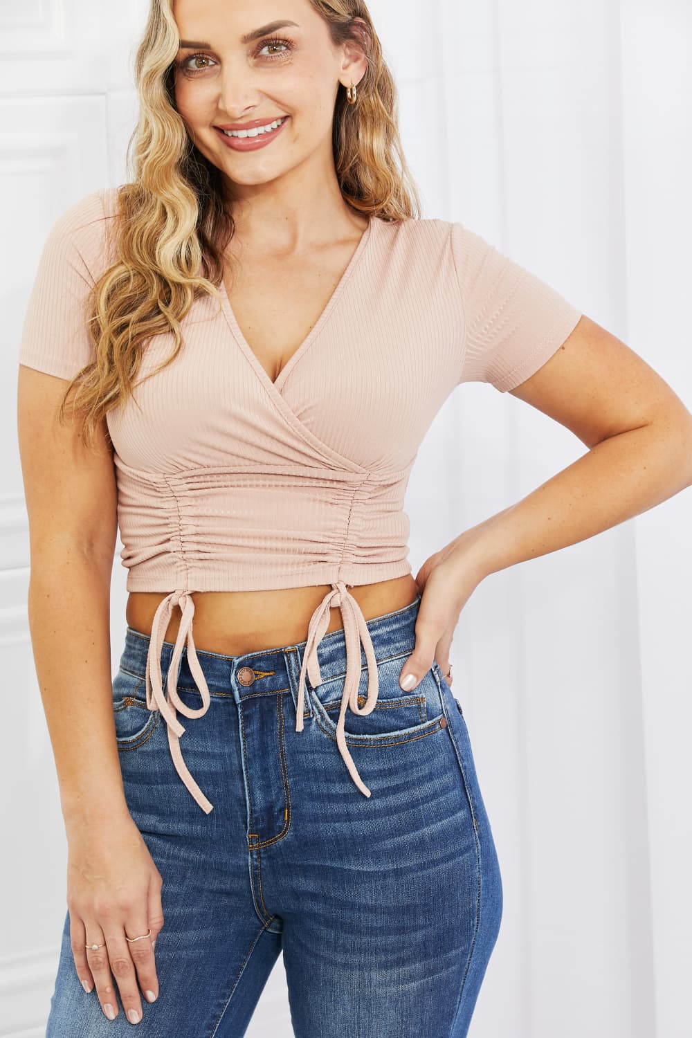 Capella Back To Simple Ribbed Front Scrunched Top in Blush-Trendsi-[option4]-[option5]-[option6]-[option7]-[option8]-Shop-Boutique-Clothing-for-Women-Online